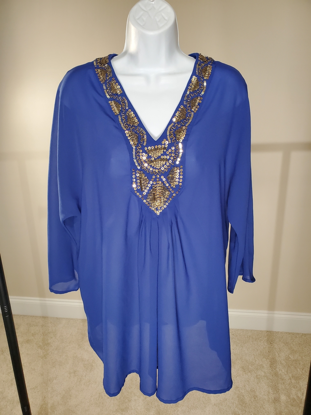 Peck & Peck Blue Beaded Sequin Sheer Tunic Top Size Large